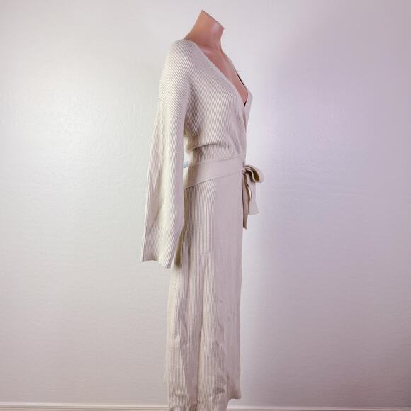 WAYF Ribbed Knit Long Sleeve Tie Wrap Sweater Dress Cream Fall Cozy Size L NWT - Picture 6 of 12